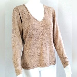 NEW YORK & CO Beige Silk Blend Gold Shimmering Paisley V-Neck Sweater Sz  L